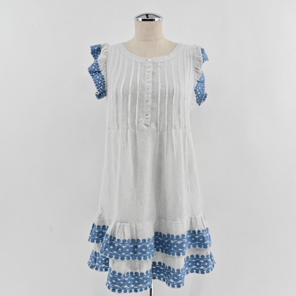 Sail to Sable Embroidered Tunic Dress Womens Size S Silver Blue Flutter Sleeve